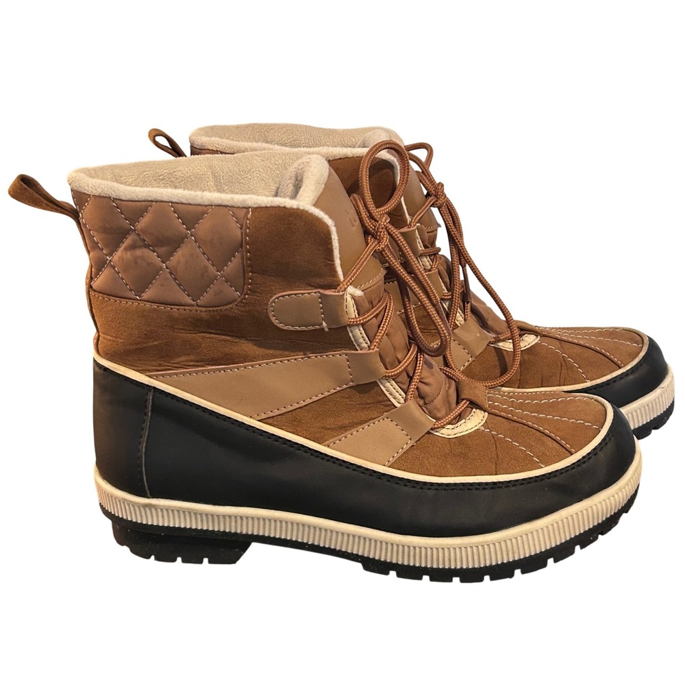 Totes Laurie Womens Tan Black Faux Fur Lined Winter Duck Boots Size 9M Gorpcore